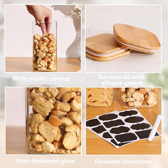 Glass Storage Containers with Lids, Glass Jars with Bamboo Lids, Large Food Storage Jar, Sugar, Pantry Storage Container for Pasta Rice Flour Oats Nuts Tea Spice (Square 54oz 4pack)