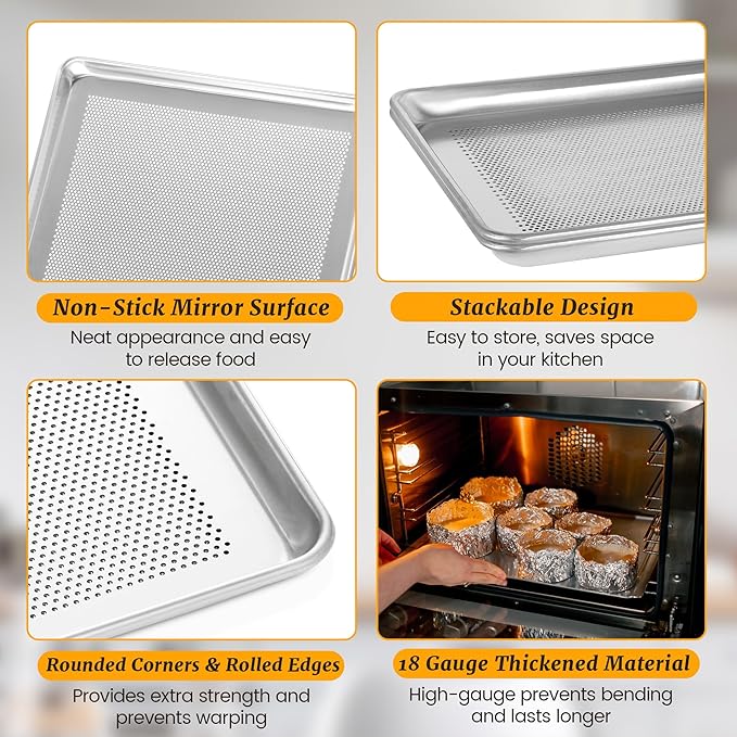 6 Pack Full Size Aluminum Perforated Baking Sheet Pan, 26"×18" Cookie Sheets For Oven in Bakery, Restaurant & Kitchen