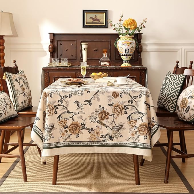 ISAENNE Designer Vintage Linen Long Rectangle Tablecloth,Floral and Bird Pattern Elegant Table Cloth,Fall Wrinkle Resistant Decor Tablecloths for Dining Kitchen Christmas,63"*102"-Murad A