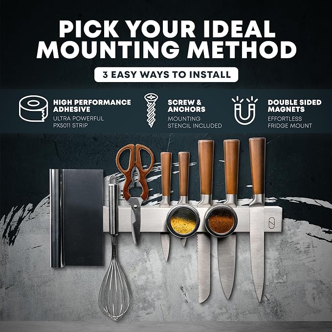 16" Magnetic Knife Holder for Refrigerator with 2x Storage - Safe, Patented Storage Design - Stainless Steel Double Sided Magnetic Kitchen Knife Holder for Fridge - Magnet Strip Utensil Organizer