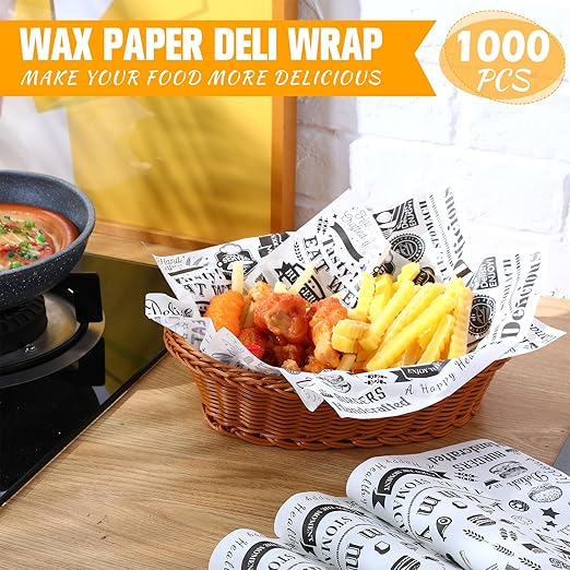 1000 Pcs 12 x 12 Inch Deli Wax Paper Sheets Grease Resistant Tray Basket Liners Newsprint Paper Water and Grease Proof Sandwich Wrapping Square Hot Dog Wrappers for Food Baking (White)