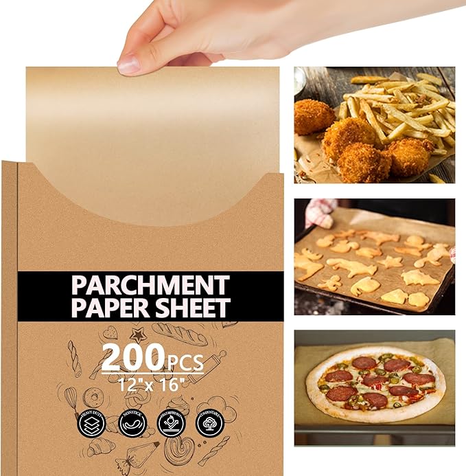 200PCS Thickened Precut Parchment Paper Sheets, 12×16 In Heavy Duty Non-Toxic & Unbleached Parchment Baking Paper for Baking, Grilling, Non-Stick & Comes in Convenient Packaging, Brown