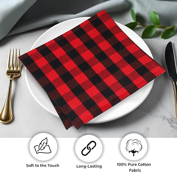 Urban Villa Cotton Dinner Napkins Set of 12, 20x20 Inche Soft Premium Cotton Napkins, Hotel Quality Highly Absorbent, Reusable & Washable Mitered Corner Table DinnerNapkins - (Red/Black, Checks)