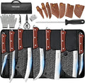 MDHAND 14PCS Butcher Knife Set, Hand Forged Butcher Chef Knife Set with Roll Bag, Sharp Meat Cleaver Knife & Bone Chopper Knives & Fillet Knives for Home & Camping & BBQ Gift for Men