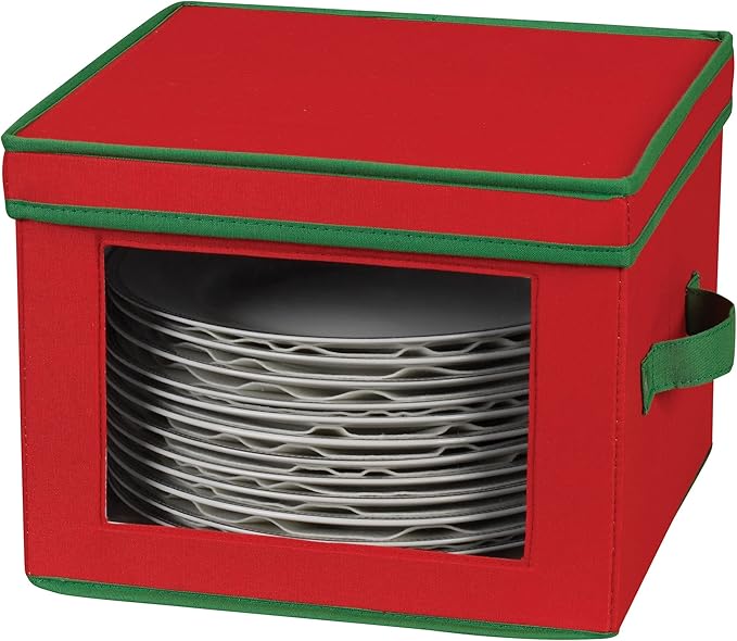Household Essentials 536RED Holiday China Storage Chest with Lid and Handles | Dinner Plate | Red Canvas with Green Trim