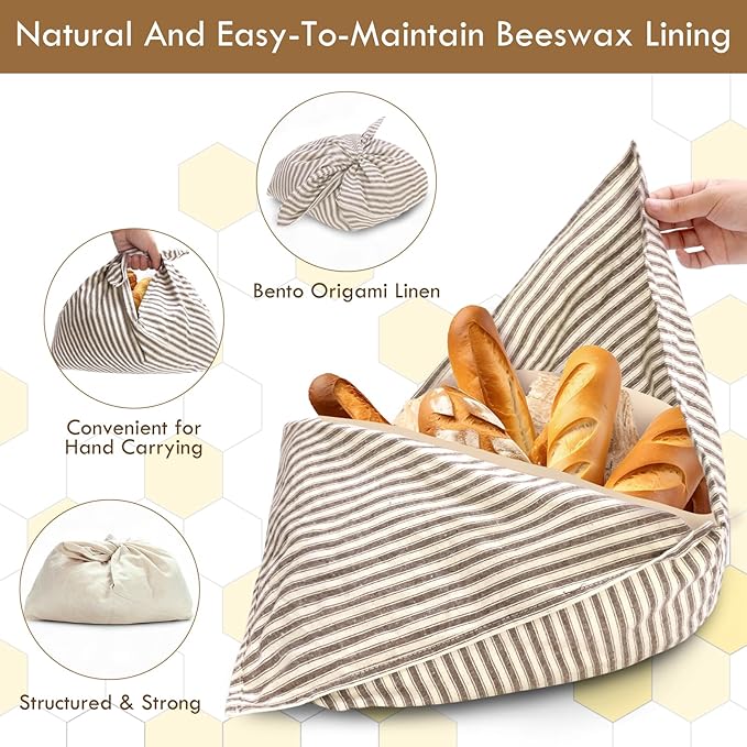 yeload 2 Pack Beeswax Bread Bags, Striped Linen Bento Bags, 14" Cotton Loaf Bag, Reusable Organic Food Storage, Sourdough Bag, Rustic Farmhouse Azuma Bukuro Origami Wrap for Baked Gifts (Black, 2)