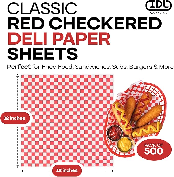 Red Checkered Deli Paper Sheets, 12" x 12" (500 pcs) - USA-Made Premium Food Basket Liners - PFAS-free Grease Resistant Deli Paper Sheets for Food, Snack & Baking Wrap, Picnic & Party by IDL Packaging
