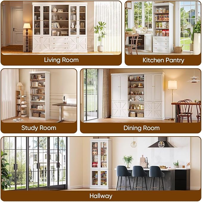 70.8" Bookshelf with Glass Doors, Farmhouse Modular Bookcase with 6-Tier Adjustable Shelves, Large Storage Cabinet for Living Room & Home Office, Set of 4, White