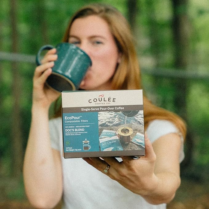 Coulée EcoPour Coffee Variety Pack, Single Serve Coffee, Use for Camping or Traveling, Pre Filled Compostable Filters, Ready to Brew with Hot Water, Includes 4 Flavors, 20 Pack