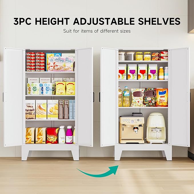 Metal Storage Cabinet with 2 Doors and 3 Shelves,White Pantry Storage Cabinet with Legs,Farmhouse Pantry Cabinets Cupboard,Bathroom Cabinets for Home,Kitchen,Dining/Living Room (47.3" H)
