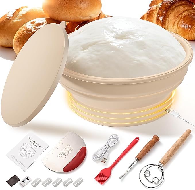 Heating Sourdough Bread Proofing Basket Set, Electric Thermostatic Silicone Batter Bowl, 9 Inch Round Foldable Proofing Bowl, Sourdough Bread Baking Supplies