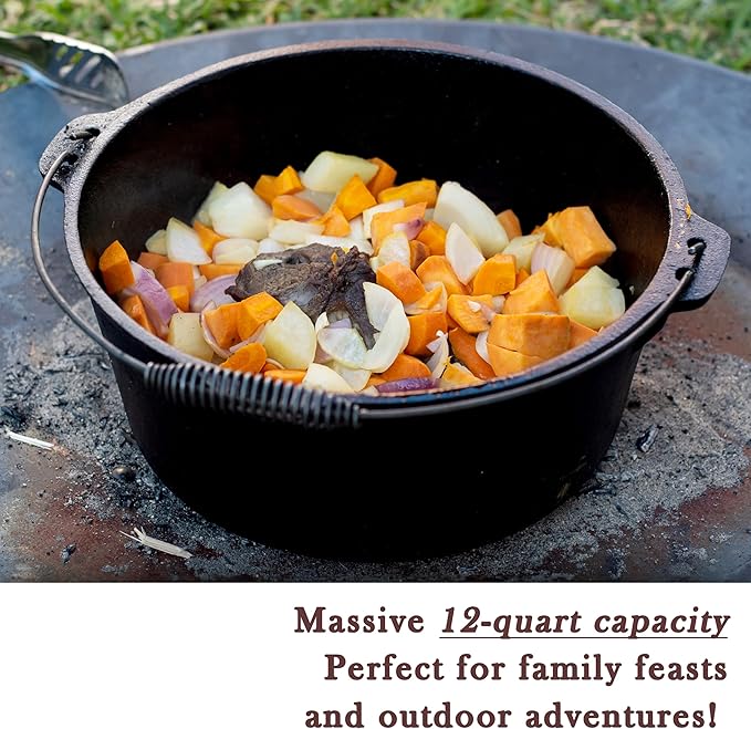 Cuisiland 12 Quart Cast Iron Dutch Oven with Dome Lid & Bail Handle – Pre-Seasoned Large Campfire Pot for Outdoor Cooking, Roasting, Baking & Stews – Heavy-Duty Cookware with Even Heat Distribution