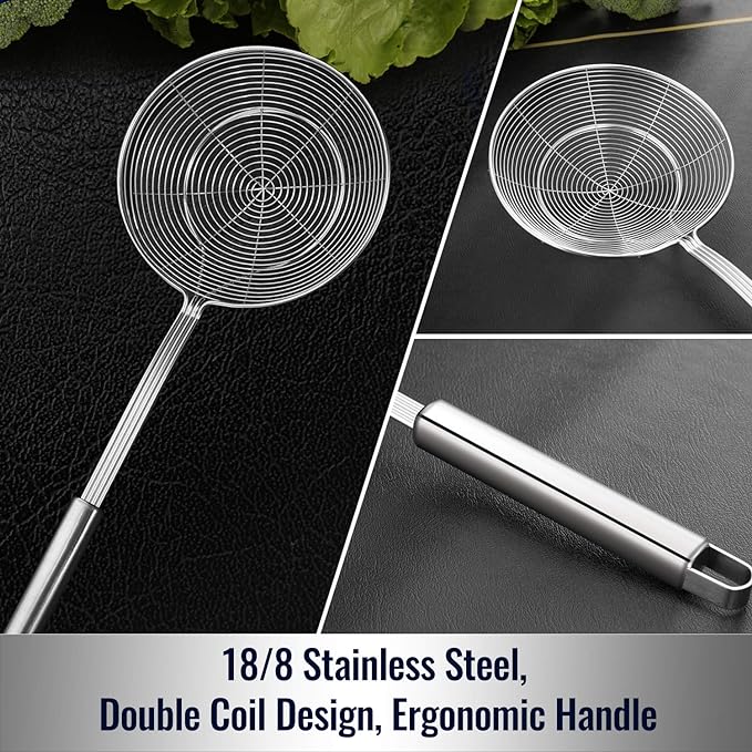 Hiware Solid Stainless Steel Spider Strainer Skimmer Ladle for Cooking and Frying, Kitchen Utensils Wire Strainer Pasta Spoon, 5.4 Inch
