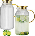2 PACK Glass Pitcher with Lid, 68 oz/ 2 Liter Classic Vertical Stripes Water Pitcher with Handle,Glass Water Carafe for Cold Brew, Coffee, Lemonade, Iced Sun Tea,Beverage,Heat Resistant