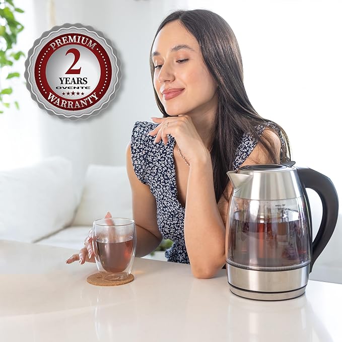 OVENTE Electric Tea Kettle with Temperature Control, Removable Tea Infuser, Easy to Fill Lid, Keep Warm Function, Auto Shut-Off, 1.7L Double Wall Borosilicate Glass, Stainless Steel Base, Silver KD68S
