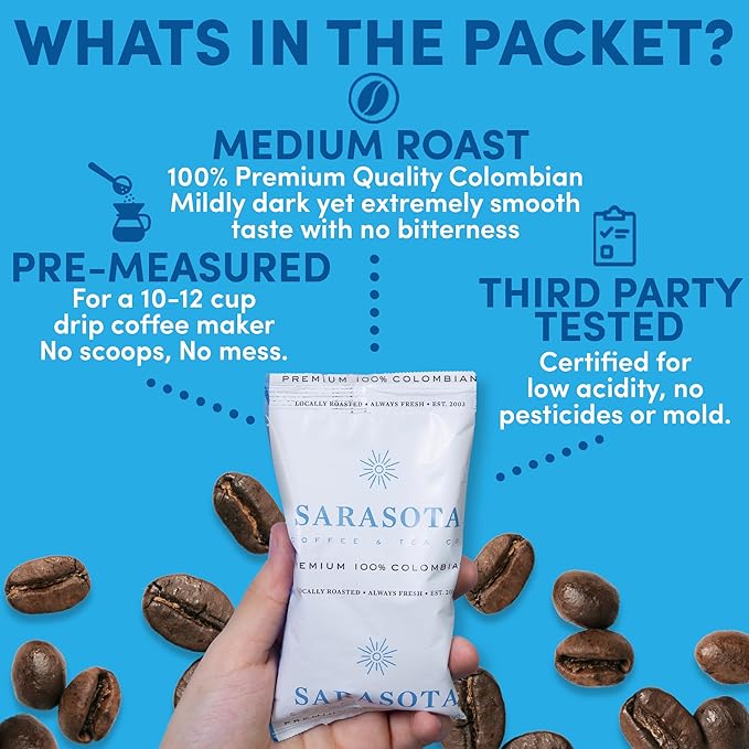 Sarasota Coffee Ground Packets | Colombian Medium Roast | Bulk Packs | Gourmet Columbian Low Acid Mold Free Singles Individual Pouches for 12 Cup Coffee Maker | 1.75 Ounce Bags, 100 Count