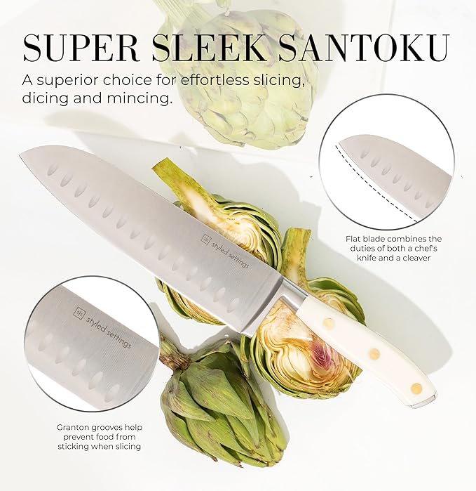 Styled Settings White Knife Set with Block and Sharpener – 14-Piece Ultra-Sharp High Carbon Stainless Steel Knives with Gold Triple Rivet White Handles and Ashwood Knife Block