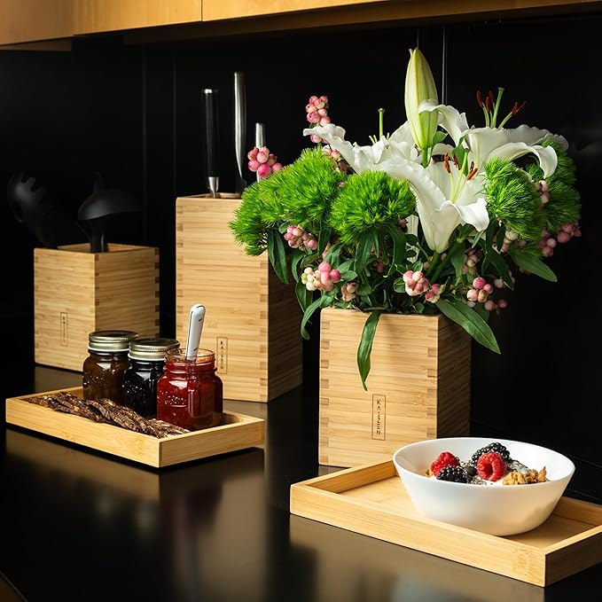 KAIZEN Bamboo Knife Block Without Knives - Perfectly Sized Universal Knife Holder for Knives, Scissors - Unique Knife Storage for Counter Top with Anti-Slip Base (Natural Wood)