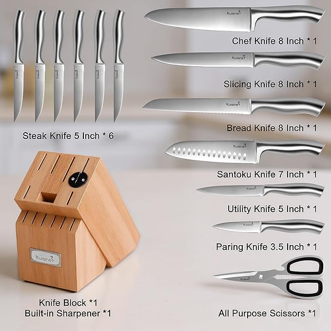 Kuisine Sharp Chef Knife Set with block, One piece Molding High Carbon Stainless Steel Forged,Ergonomic Non-slip Handle Knife Block Set with built-in Sharpener Upgraded (Silver Nature,15PCS)