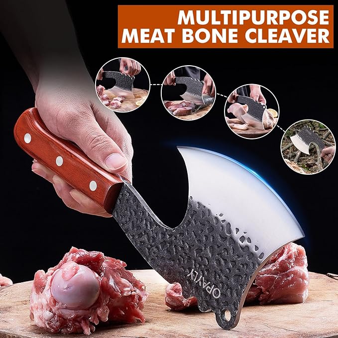 Meat Bone Cleaver Knife Heavy Duty Bone Choppe for Meat Cutting Hand Forged Butcher Axes with Cover cleavers High Carbon meat cleaver for Kitchen Outdoor Camping BBQ gifts for men