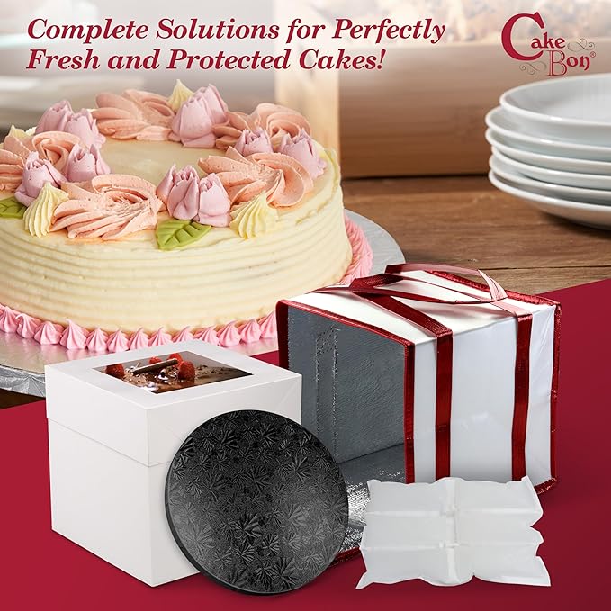 Cakebon Cake Box and Boards, 12-Inch Round Black Wrapped Edges 1/2- Inch Thick Drums with Insulated Bag and Ice Pack – Cake Transport Set, Cooler for Cake Delivery and Transport (1pc Each, 4pcs Total)