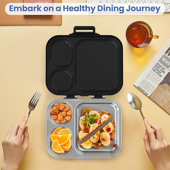 Stainless Steel Bento Lunch Box for Kids | 3-Compartment Lunch Box Container Kids | 100% Leakproof, Eco-Friendly, Perfect Portion Control for Kids&Adult Healthy Meals (Black)