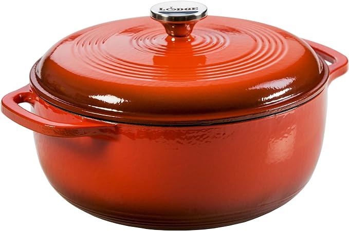Lodge 6 Quart Enameled Cast Iron Dutch Oven with Lid – Dual Handles – Oven Safe up to 500° F or on Stovetop - Use to Marinate, Cook, Bake, Refrigerate and Serve – Poppy