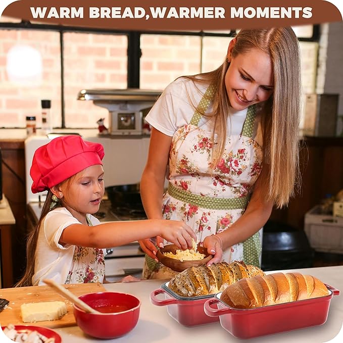 Cast Iron Bread Loaf Pan with Lid, 2 In 1 Loaf Pans for Baking Bread 9x5, Enameled Bread Pans for Homemade Bread, Sourdough, Even Heating Bread Dutch Oven, Red