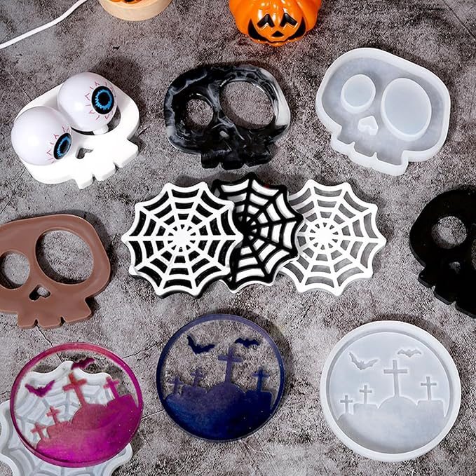 Halloween Coaster Resin Mold, 6Pcs Coaster Silicone Molds for Epoxy Resin, Skull Spider Web Cemetery Coaster Mold for Epoxy Casting, Jewelry Storage Candle Holder Mold for Craft Home Halloween Decor