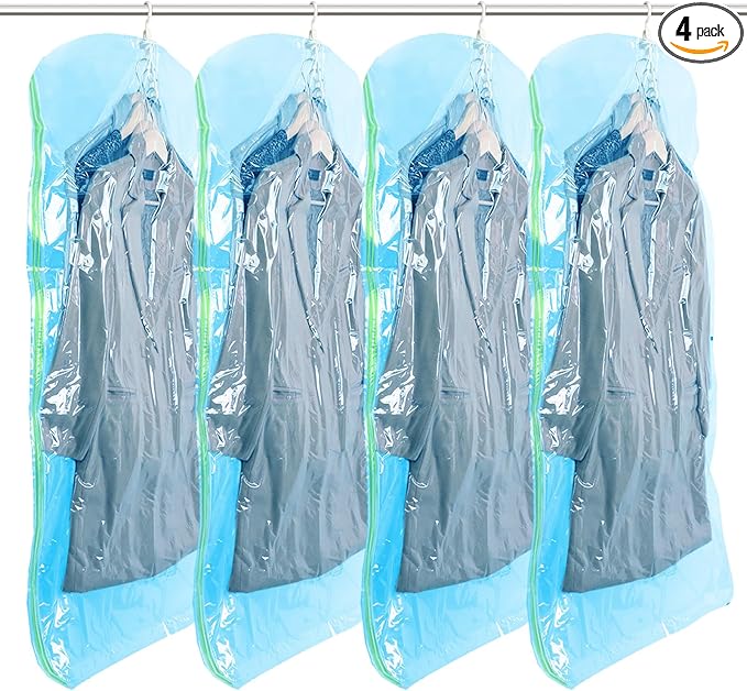 TAILI Hanging Vacuum Storage Sealer Space Saver Bags for Clothes, Suits, Coats or Jackets, Closet Organizer, 4 Pack Jumbo Blue