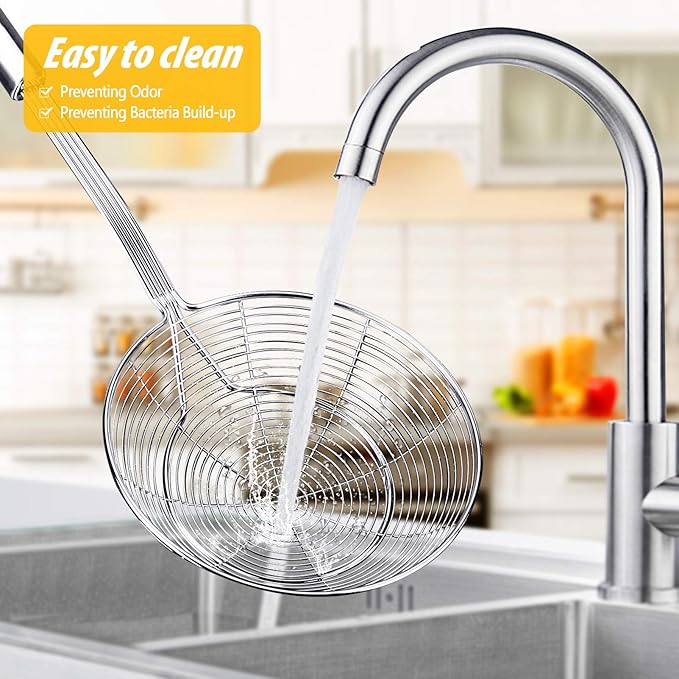 Pack of 2 Large Spider Strainer, Stainless Steel Skimmer Basket,Kitchen Ladle Strainers,Mesh Spoons with Long Handle, Cooking Tools for Frying, Boiling Noodles, Dumplings, Pasta