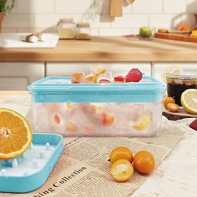 Satax Silicone & Plastic Ice Cube Trays with Lids and Bin - Durable, BPA-Free, Easy Release, Perfect for Cocktails, Coffee & More (2, blue)