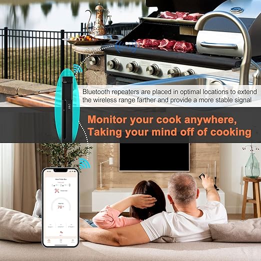 Long Range Wireless Smart Meat Thermometer with Bluetooth Booster, for Oven, Grill, Kitchen, BBQ, Smoker, Rotisserie, Black