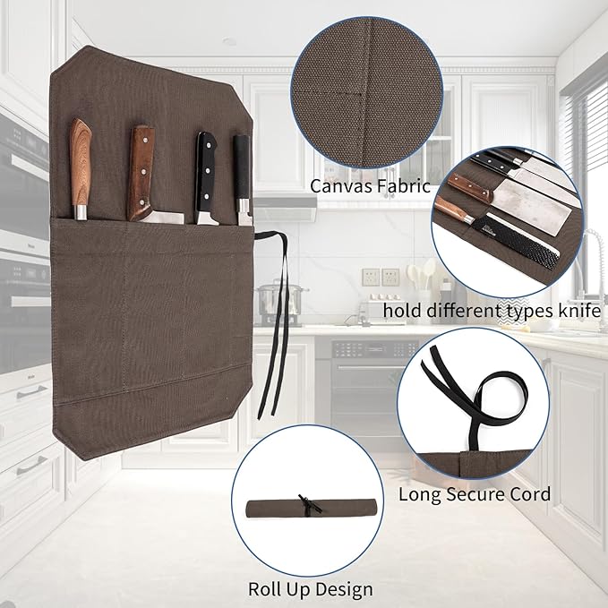 HERSENT A Chef's Knife Roll Bag - Portable Travel Chef Knife Case Carrier Holder Storage Bag With 4 Slots Best Gift For Pro Chef Or Culinary Enthusiasts Men Women HGJ03-P (Coffee)