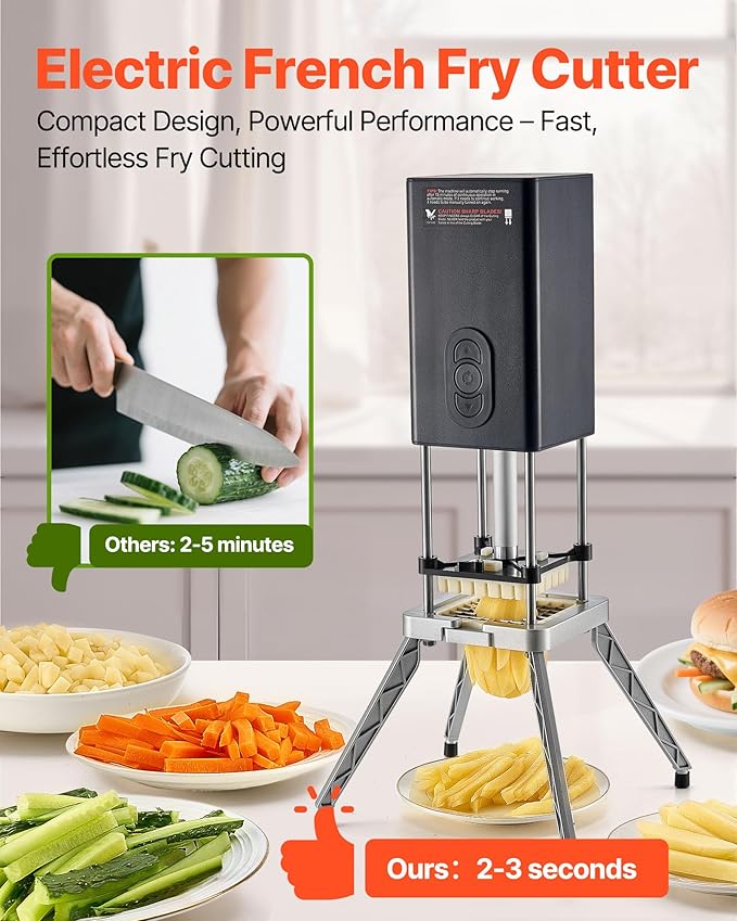 VEVOR Commercial French Fry Cutter, 1/2-Inch 3/8-Inch Blade Stainless Steel Vegetable Fruit Chopper with 2 Replacement Blades, Electric Potato Slicer Dicer for Restaurants & Home Kitchen