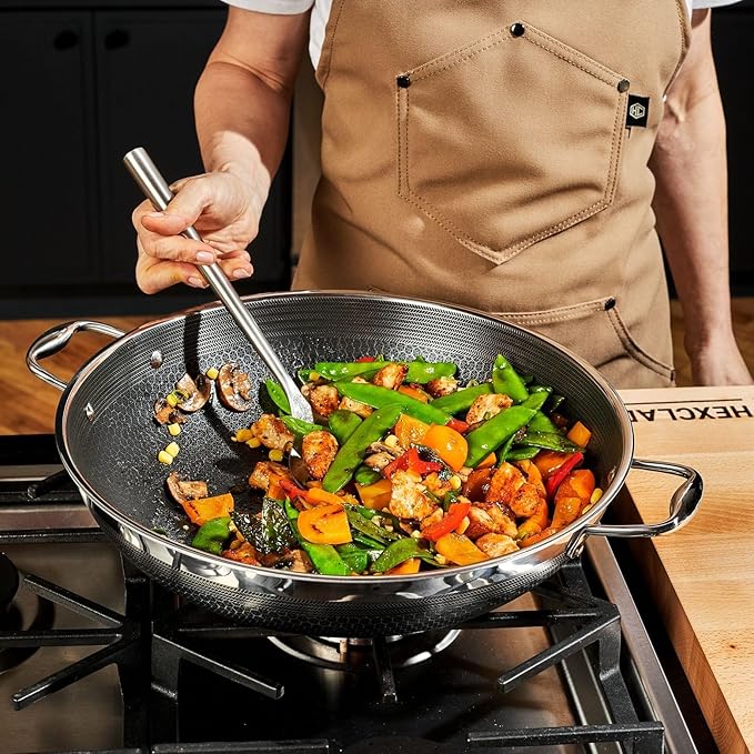 HexClad Hybrid Nonstick 14-Inch Wok with Stainless Steel Lid, Stay-Cool Handles, Dishwasher-Friendly, Oven-Safe Up to 900°F, Induction Ready, Compatible with All Cooktops