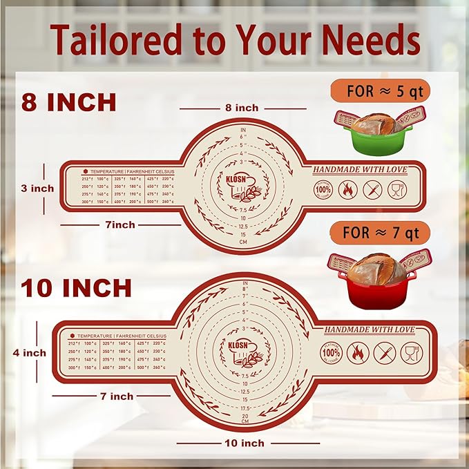 Silicone Bread Sling for Dutch Oven, 2 Pack (8" Round) – Non-Stick & 500°F Heat Resistant Sourdough Mat, Easy to Clean, Reusable Food-Grade Sourdough Slings – Fits 5 qt and up Dutch Ovens