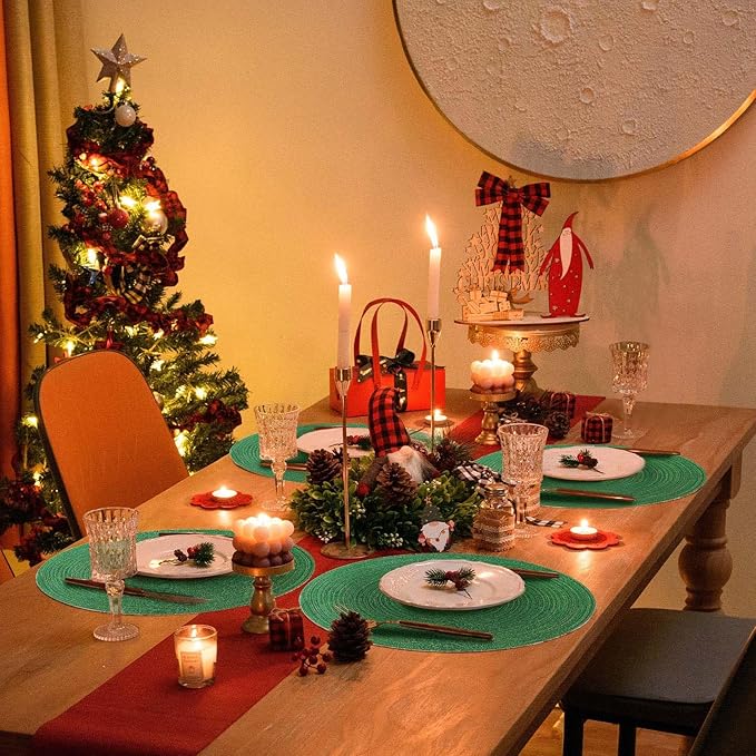 FunWheat Round Placemats Set of 6 Table Mats for Dining Tables Washable Non-Slip Place mats 15 Inch (Green Shine)