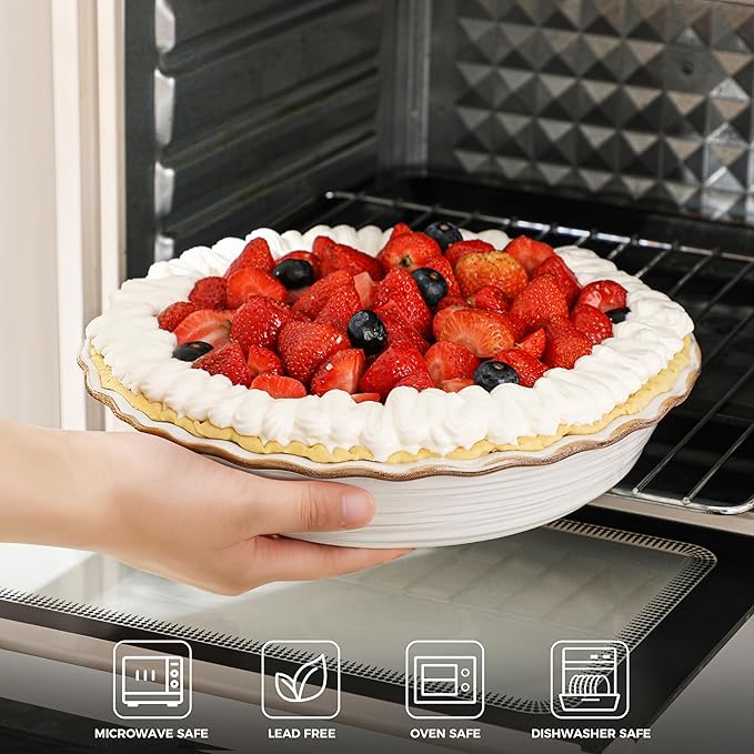 Frewinky Ceramic Pie Pan for Baking, 9 inch Pie Dish with Ruffled Edge, Nonstick Deep Pie Plate, Farmhouse Decor Quiche Tart Baking Dish for Thanksgiving, Microwave & Oven Safe, Set of 1