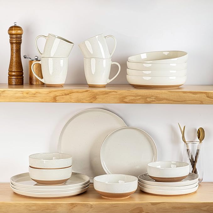 AmorArc Ceramic Dinnerware Sets with Pasta Bowls for 8, Handpainted Plates and Bowls Set with Rustic Terracotta Underside, Scratch Resistant Dishes Set, Dishwasher & Microwave Safe, 32 Pcs