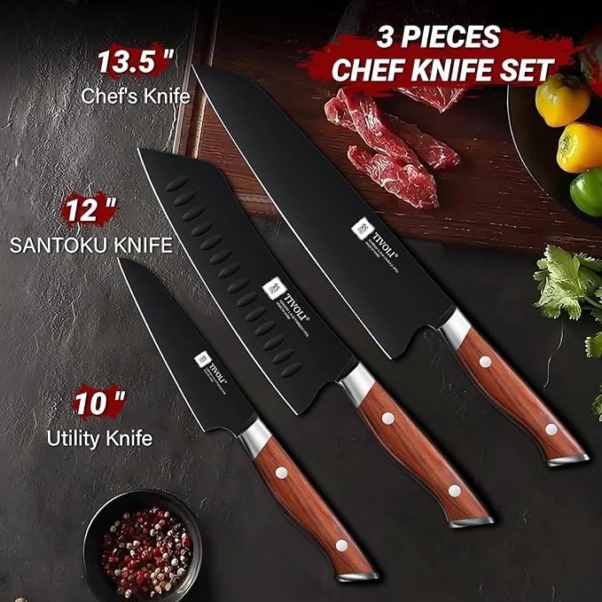 TIVOLI 3 Piece Kitchen Knife Set - High Carbon Steel - Black Blade Rustproof Coating - Chef Knife Set with Ergonomic Wood Handle, Cooking Knife Set for Meat Vegetable Fruit, Gift Box Sharp Knives