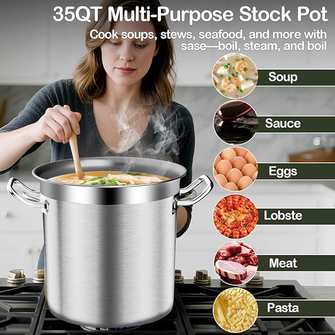 Large Stock Pot-35QT Stainless Steel Stockpot with Lid, Heavy Duty Tri-Ply Bottom Commercial Grade Stock Pot & Stockpots for Boiling Cooking Soup Stew Canning Cooking Pots, Cookware Sauce Pot