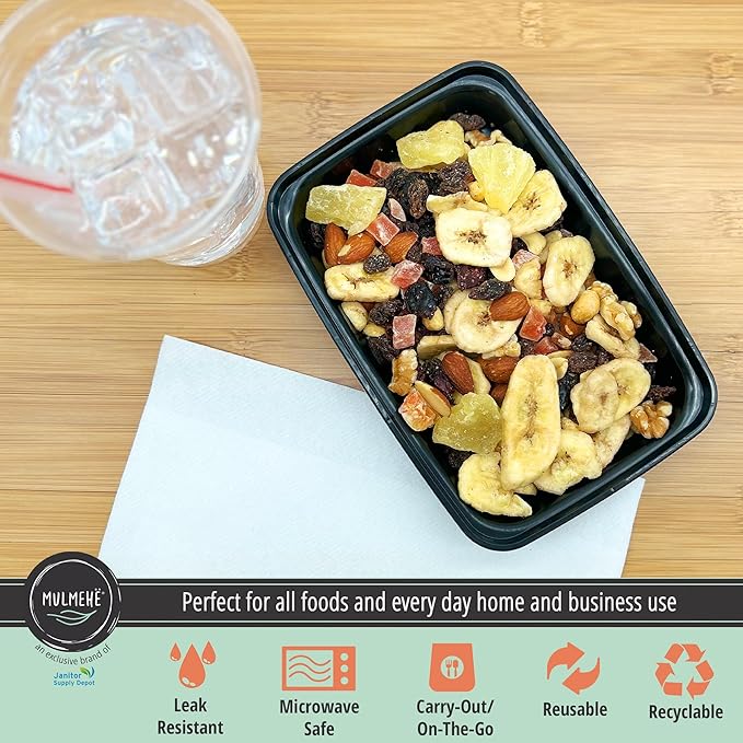 MULMEHË Plastic Meal Prep Take-Out Container and Lid Combo, 12 oz, Microwaveable, Rectangular, Black, 5.5x2.5x1.5”, Set of 150