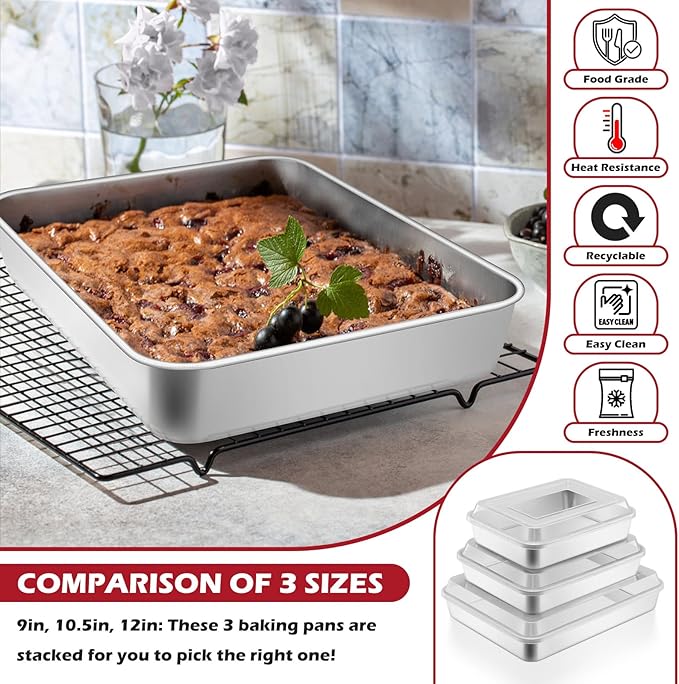 Leonyo Baking Pan with Lid Set of 2, 12⅓ x 9¾ x 2 Inch Rectangular Cake Pan, Refrige & Oven Safe Stainless Steel Deep Lasagna Pan Tray for Focaccia, Bread, Brownies, Casseroles
