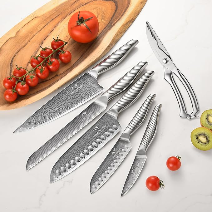 NANFANG BROTHERS® 7 Pieces Damascus Kitchen Knife Set, High Carbon Stainless Steel Damascus Steel Chef Knife Set, Stainless Steel Ergonomic Handle for Chef, Knife Block Set for Chopping NF