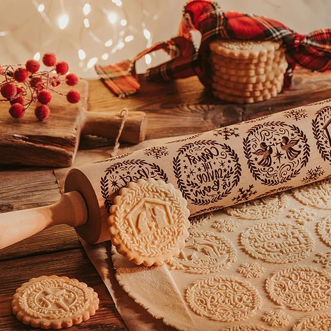 17" Premium Wooden Rolling Pins for Baking with Nativity Embossed Designs | 3mm Deep Springerle Cookie Molds | Christmas Rolling Pin & Baking Gifts for Women | Includes 3-in-1 Cleaning Brush