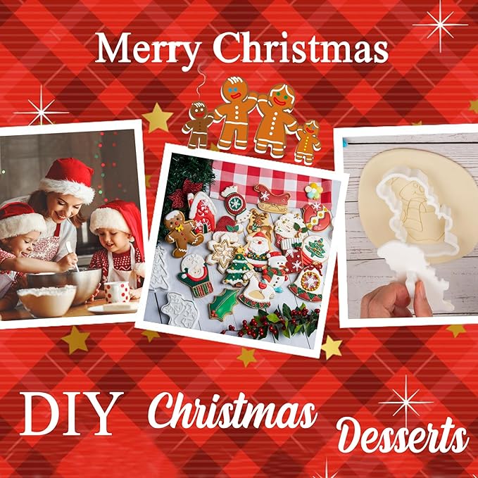 Flycalf Christmas Cookie Cutters House Shapes with Plunger Stamps Holiday PLA Baking Accessories Cutter Molds Gifts Decorative Party 3.5" Kitchen Cake Supplies