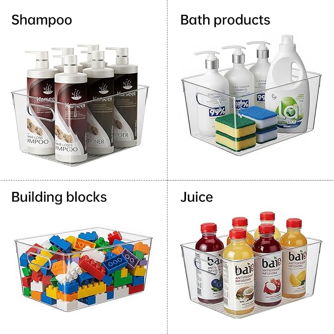 Clear Pantry Organizer Bins, Storage Containers & Plastic Containers with Handle, Cabinet Organizer, Home Organization Must Haves for Kitchen, Laundry Room, Office, Closet & Freezer (6 Pack)