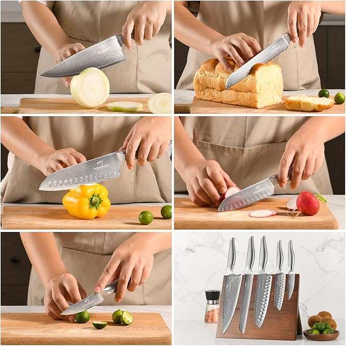 NANFANG BROTHERS® Kitchen Knife Set with Magnetic Knife Holder, 6-Piece Damascus Steel Knives & Acacia Wood magnetic Block - Includes Chef, santoku, Bread, Small Santoku, Fruit Knives