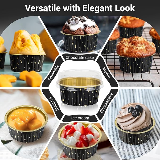 EUSOAR Disposable Ramekins with Lids, 400pcs 5oz Aluminum Foil Cupcake Liners Ramekins Cups for Baking, Dessert Cups Aluminum Cheesecake Pan Creme Brulee Baking Cups for Oven-Black Meteor Shower